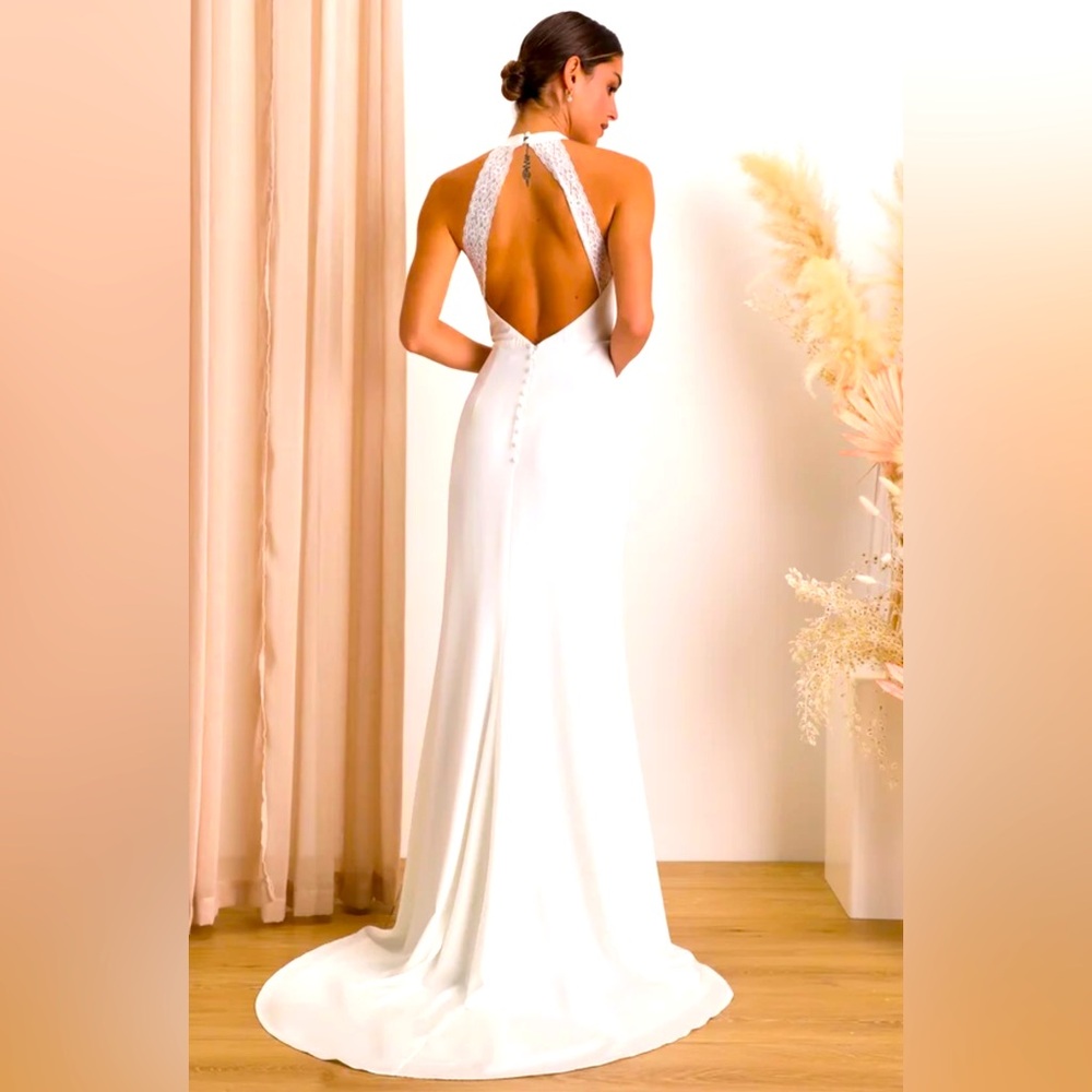 Radiant Adoration White Satin Lace
Backless Halter Maxi Dress